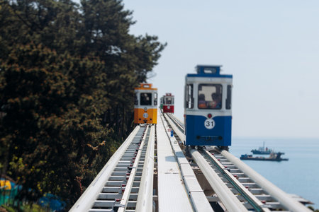 Haeundae Blue Line Park, Busan, ride on multicolored sky capsule train, railway tram route from Mipo to Cheongsapo station, coastal monorail in Busan, Yeongnam, South Korea, Republic of Korea travelの写真素材