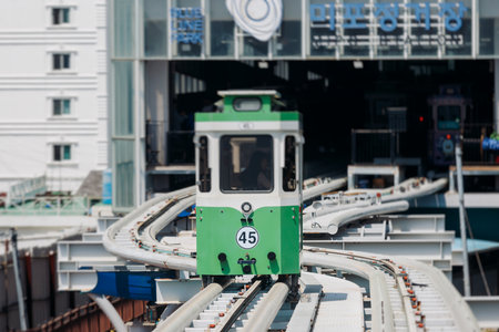 Haeundae Blue Line Park, Busan, ride on multicolored sky capsule train, railway tram route from Mipo...