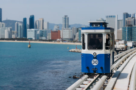Haeundae Blue Line Park, Busan, ride on multicolored sky capsule train, railway tram route from Mipo to Cheongsapo station, coastal monorail in Busan, Yeongnam, South Korea, Republic of Korea travelの写真素材