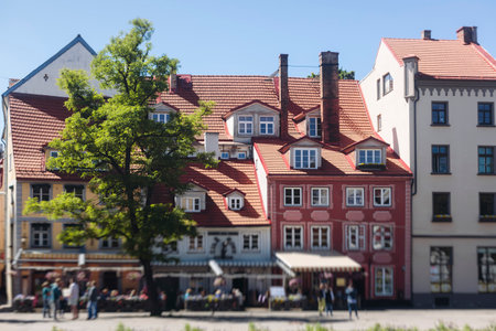 Riga Old Town view, Latvia, streets of Vecriga historical center with Town Hall square, House Of The...