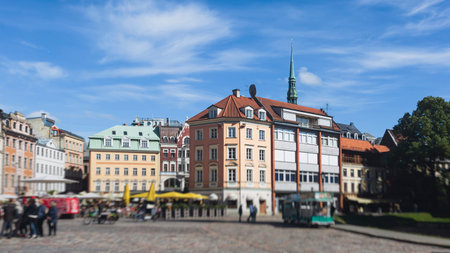 Riga Old Town view, Latvia, streets of Vecriga historical center with Town Hall square, House Of The Black Heads, Cathedral and church, travel to Latvia and Baltic States, summer day with a blue skyの写真素材