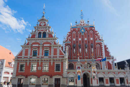 Riga Old Town view, Latvia, streets of Vecriga historical center with Town Hall square, House Of The...