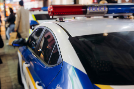 South Korean Police car and bus with Police logo, police cars and buses parked in government area of...