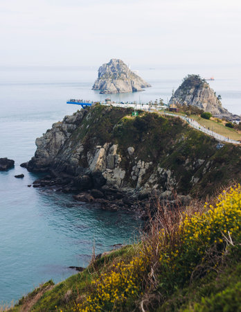 Oryukdo Islands landscape, Busan, South Korea, with Skywalk observation deck and Deungdaeseom island...