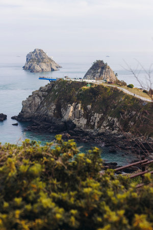 Oryukdo Islands landscape, Busan, South Korea, with Skywalk observation deck and Deungdaeseom island...