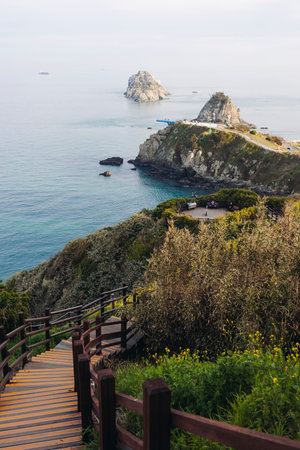 Oryukdo Islands landscape, Busan, South Korea, with Skywalk observation deck and Deungdaeseom island...