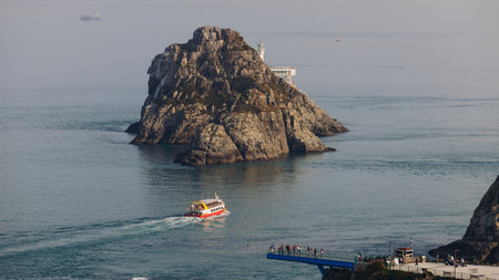 Oryukdo Islands landscape, Busan, South Korea, with Skywalk observation deck and Deungdaeseom island...