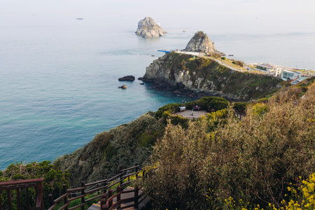 Oryukdo Islands landscape, Busan, South Korea, with Skywalk observation deck and Deungdaeseom island...