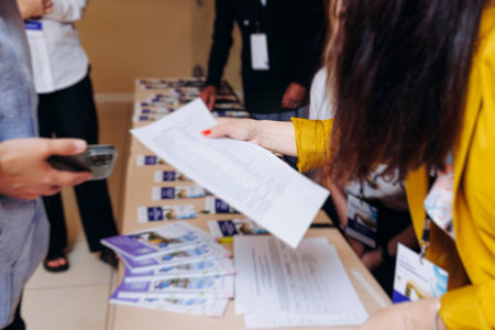 Process of checking in on conference congress forum event, registration desk table, visitors and...