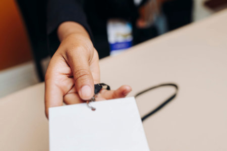 Process of checking in on conference congress forum event, registration desk table, visitors and...
