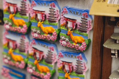 Japanese tourist souvenirs, presents and travel gifts from Nara, Japan, spotted deer figures, key...