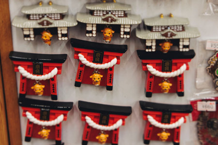 Japanese tourist souvenirs, presents and travel gifts from Nara, Japan, spotted deer figures, key...