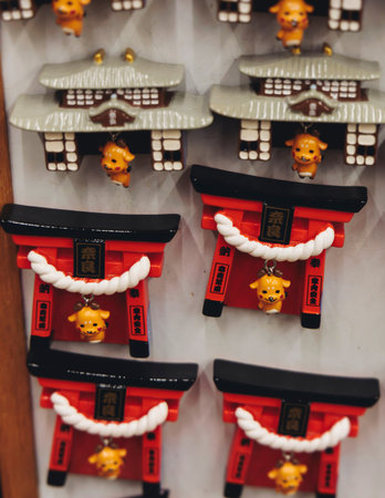 Japanese tourist souvenirs, presents and travel gifts from Nara, Japan, spotted deer figures, key...