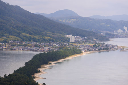 Amanohashidate, Miyazu, Japan, Kyoto Prefecture, landscape view, with Miyazu Bay, Tango Amanohashidate Oeyama Quasi-National Park, sandbar and beach during fall season, one day trip from Kyotoの写真素材