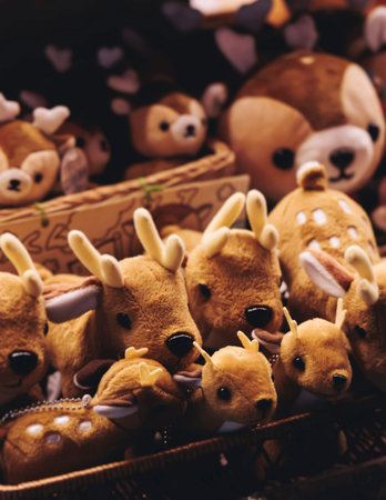Japanese tourist souvenirs, presents and travel gifts from Nara, Japan, spotted deer figures, key...