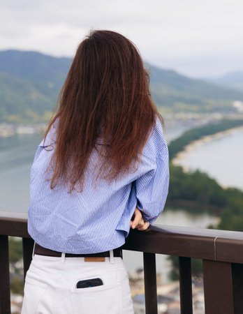 Amanohashidate, Miyazu, Japan, Kyoto Prefecture, landscape view, with Miyazu Bay, Tango Amanohashidate Oeyama Quasi-National Park, sandbar and beach during fall season, one day trip from Kyotoの写真素材