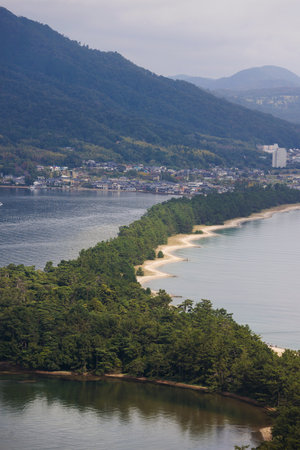 Amanohashidate, Miyazu, Japan, Kyoto Prefecture, landscape view, with Miyazu Bay, Tango Amanohashidate Oeyama Quasi-National Park, sandbar and beach during fall season, one day trip from Kyotoの写真素材