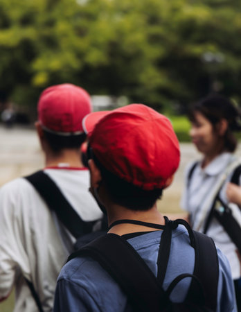 Group of school children students outdoor excursion, guided tour in the city with guide, docent with...
