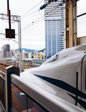 High speed japanese bullet train, Shinkansen arrival at station, high-speed railway lines, Japan,...