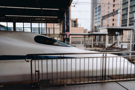 High speed japanese bullet train, Shinkansen arrival at station, high-speed railway lines, Japan,...