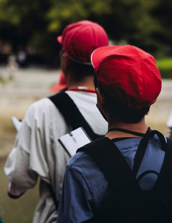 Group of school children students outdoor excursion, guided tour in the city with guide, docent with...