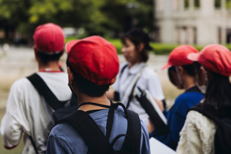 Group of school children students outdoor excursion, guided tour in the city with guide, docent with...