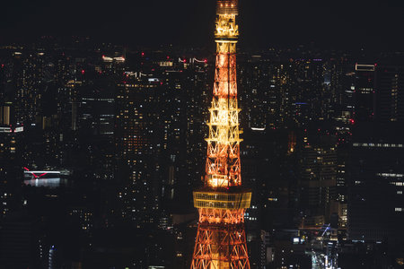Tokyo Tower, Tokyo, Shiba-koen in Minato City, Japan, night aerial view of Japan Radio Tower with...