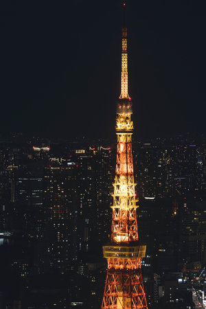 Tokyo Tower, Tokyo, Shiba-koen in Minato City, Japan, night aerial view of Japan Radio Tower with...
