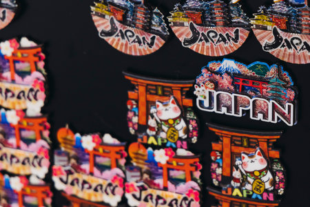 Traditional Japanese tourist souvenirs and gifts from Tokyo, Japan, with mount Fuji figures,...