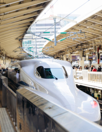 High speed japanese bullet train, Shinkansen arrival at station, high-speed railway lines, Japan,...