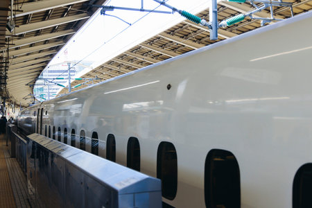 High speed japanese bullet train, Shinkansen arrival at station, high-speed railway lines, Japan,...