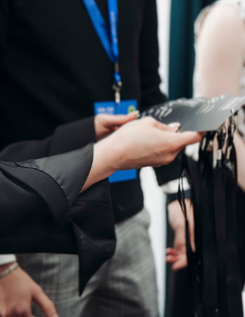 Process of checking in on conference congress forum event, registration desk table, visitors and...