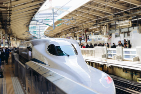 High speed japanese bullet train, Shinkansen arrival at station, high-speed railway lines, Japan,...