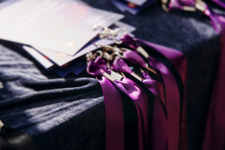 Process of checking in on conference congress forum event, registration desk table, visitors...