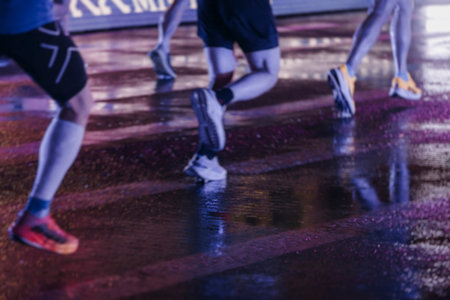 Night marathon runners crowd in the rain, sportsmen participants start running the half-marathon in...