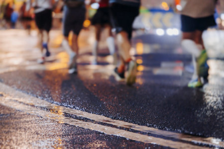 Night marathon runners crowd in the rain, sportsmen participants start running the half-marathon in...