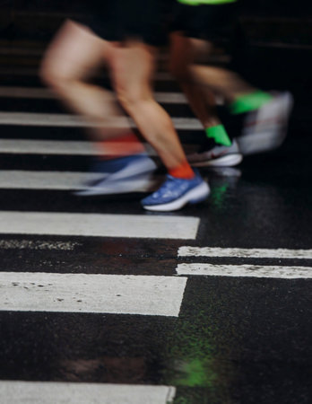 Night marathon runners crowd in the rain, sportsmen participants start running the half-marathon in...