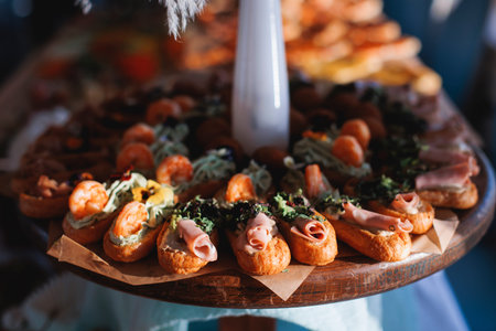 Beautifully decorated banquet catering table, with variety of with different food snacks appetizers...