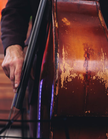 Concert view of contrabass violoncello player with vocalist and musical band during concert, jazz...