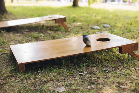 Cornhole game set, process of throwing bean bags, kids children with parents tossing bean sacks, backyard lawn corn hole , wooden boards for corn-hole tournament in the summer sunny day in a city parkの写真素材