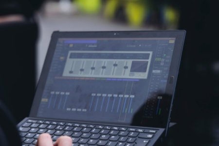 View of lighting technician with tablet, operator controlling sound and light during live event...