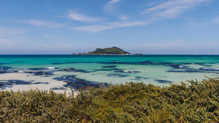 Jeju Island, Hyeopjae Beach, Hallim, white sand beach and sea, Hallim-ro, Hallim-eup, Geumneung Beach, Jeju-do, South Korea, Jeju Province, landscape view in a sunny day, and Biyangdo islandの写真素材