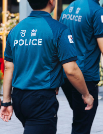 Korean Police squad formation in protective uniform, policemen officer patrol maintain public during...