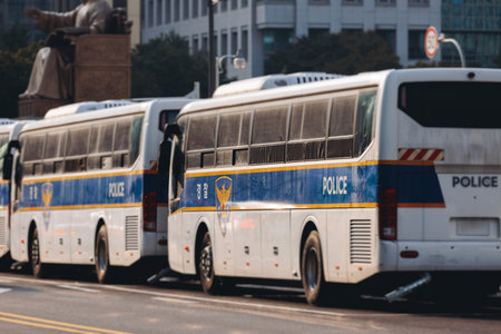 South Korean Police car and bus with Police logo, police cars and buses parked in government area of...