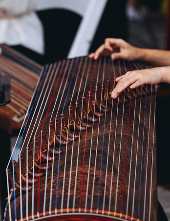 Traditional Korean folk musical instrument Gayageum, female orchestra band performing concert on...