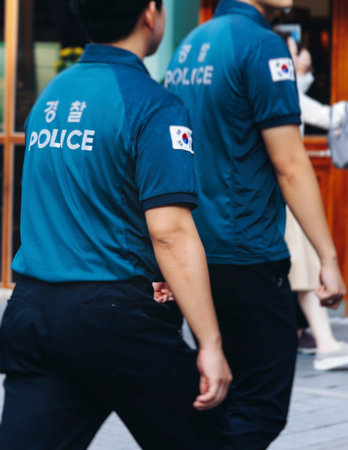 Police squad formation in protective uniform, policemen patrol maintain public during political...