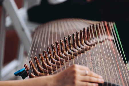 Traditional Korean folk musical instrument Gayageum, female orchestra band performing concert on...