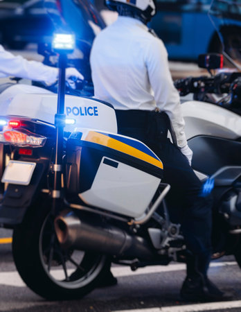 Korean traffic police squad formation on the road, riding bike and motorcycle, highway patrol...