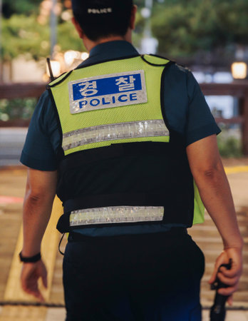 Korean Police squad formation in protective uniform with Police logo, policemen officer patrol...
