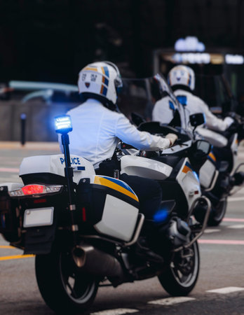 Korean traffic police squad formation on the road, riding bike and motorcycle, highway patrol...